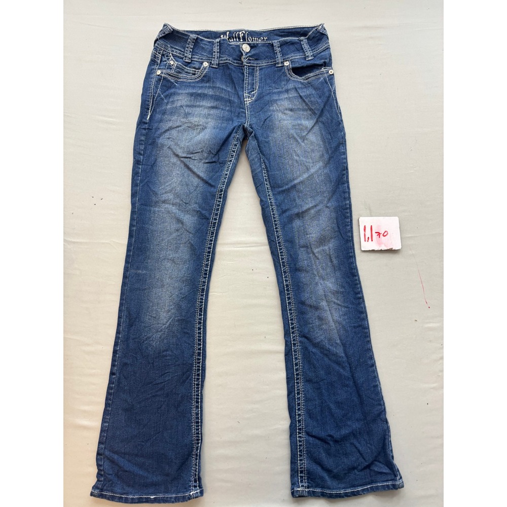 WallFlower Womens Bootcut Jeans Medium Wash Blue Denim Contrast Stitch Size 7